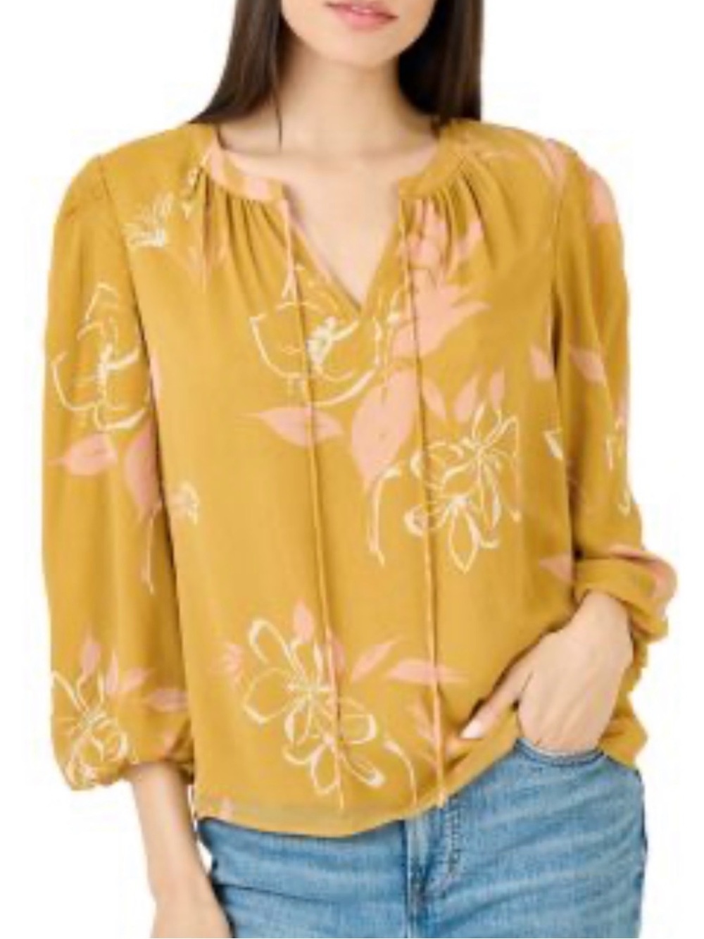 Daniel Rainn Mustard Yellow Floral V-Neck Peasant Blouse